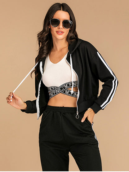 Drawstring Side Stripe Zip Up Hooded Top and Pants Set