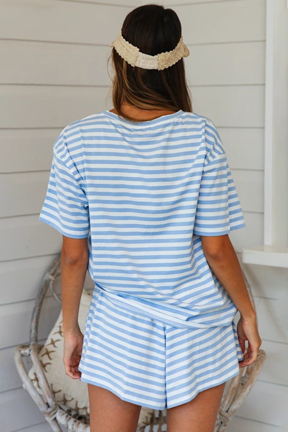 Striped Round Neck Top and Shorts Set