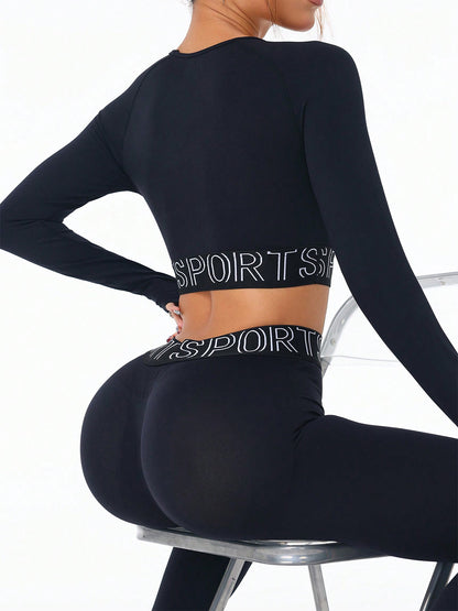 Letter Print Long Sleeve Top & Leggings Active Set