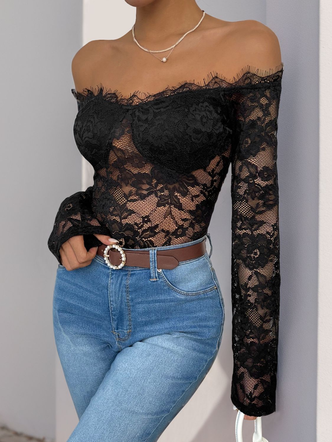 Lace Off-Shoulder Long Sleeve Bodysuit