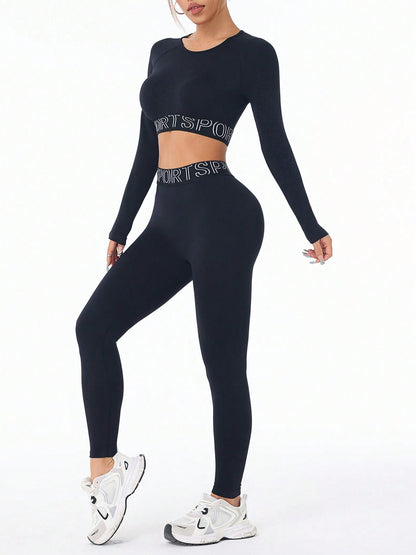 Letter Print Long Sleeve Top & Leggings Active Set