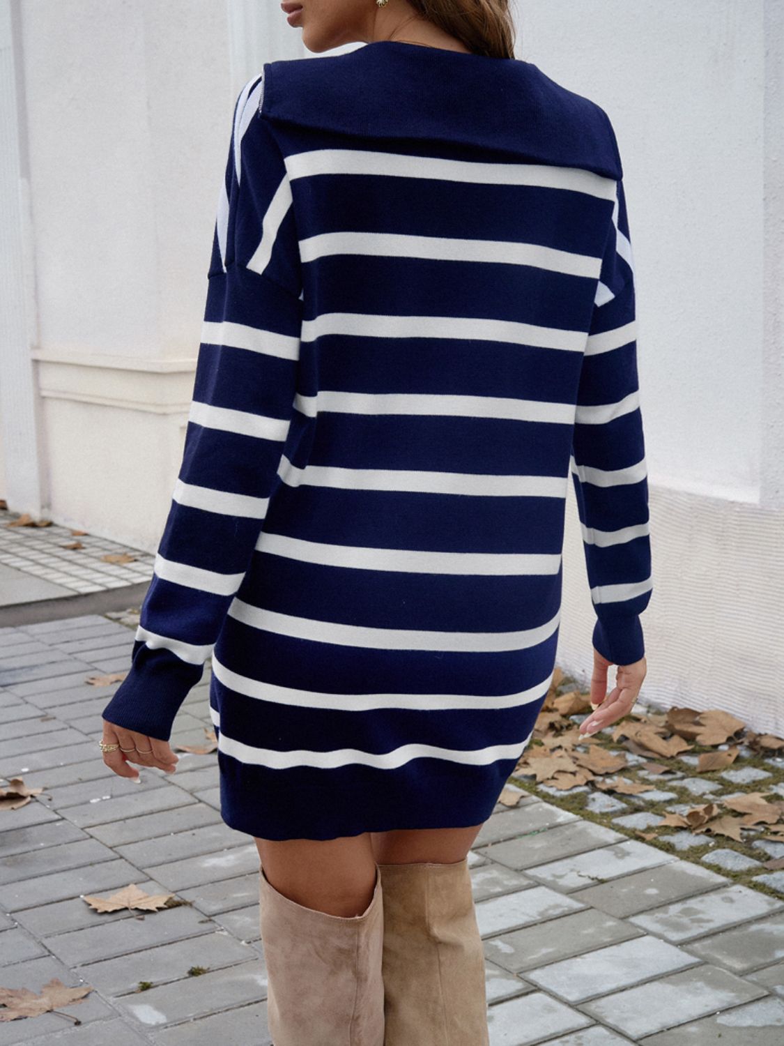 Quarter Zip Striped Long Sleeve Sweater Dress