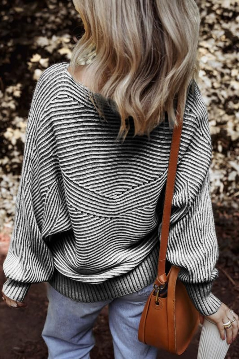 Textured Striped Round Neck Long Sleeve Top