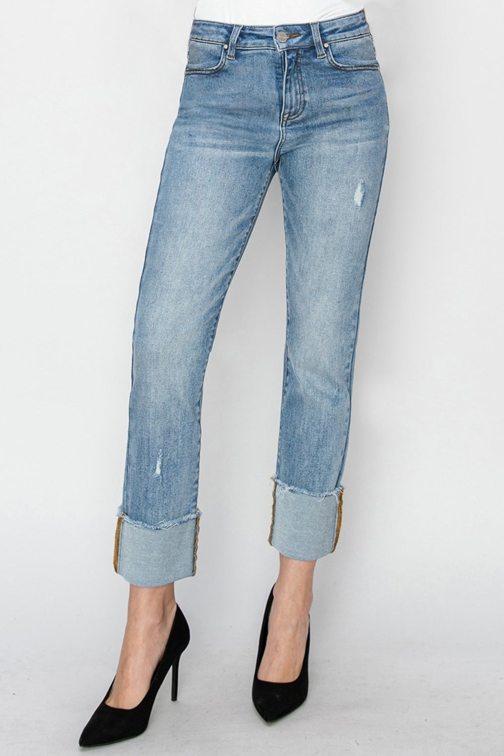 Full Size High Rise Cuffed Slim Straight Jeans