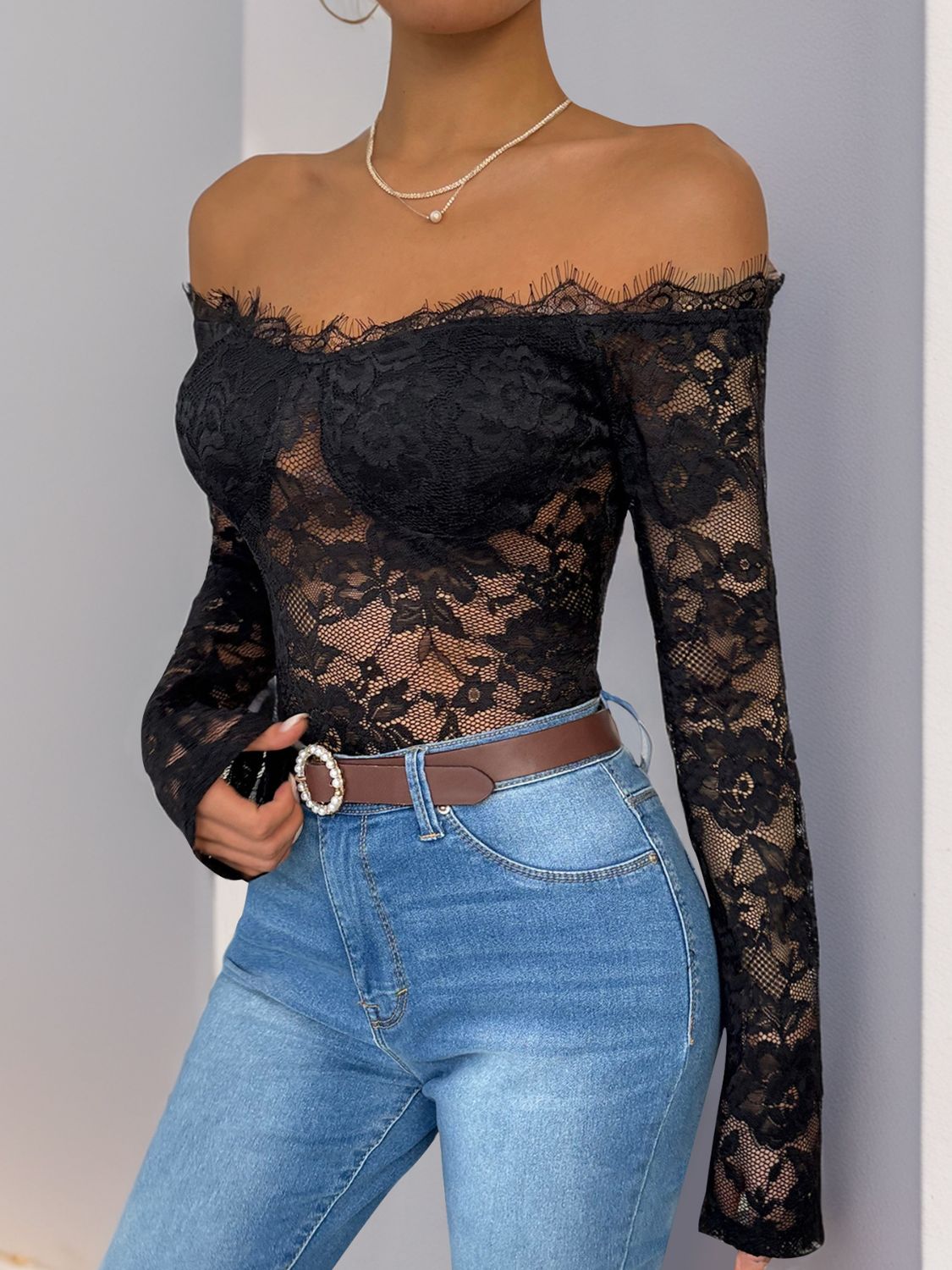 Lace Off-Shoulder Long Sleeve Bodysuit