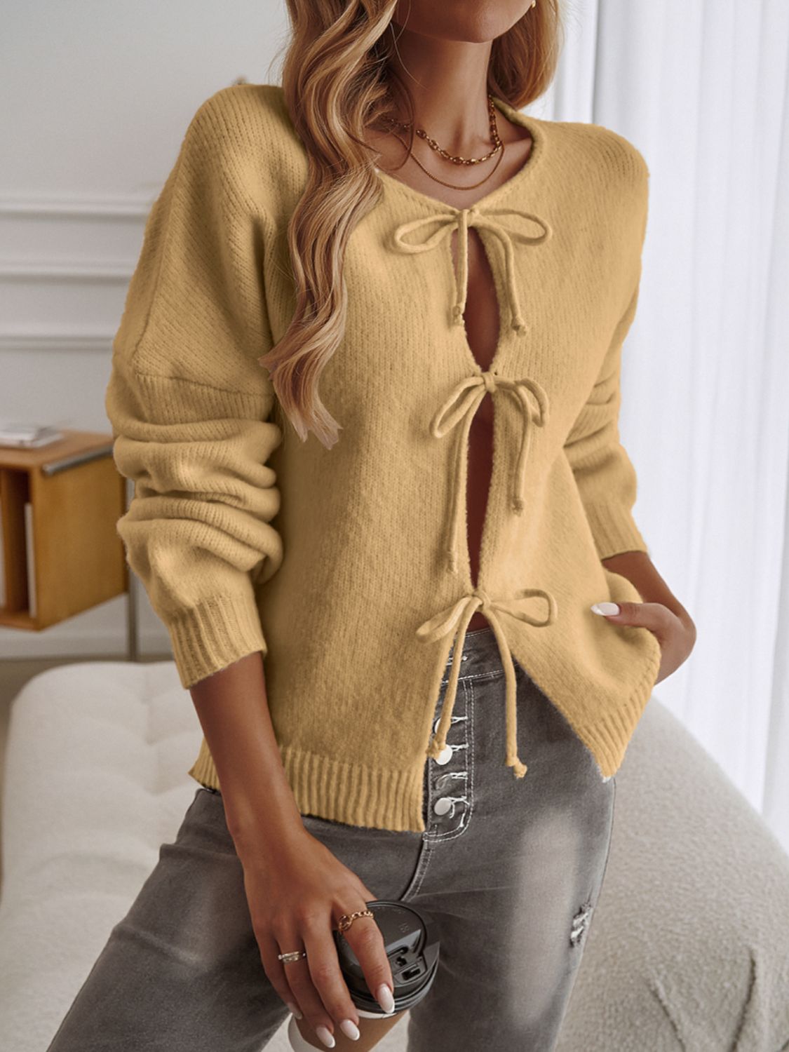 Tied Round Neck Dropped Shoulder Cardigan