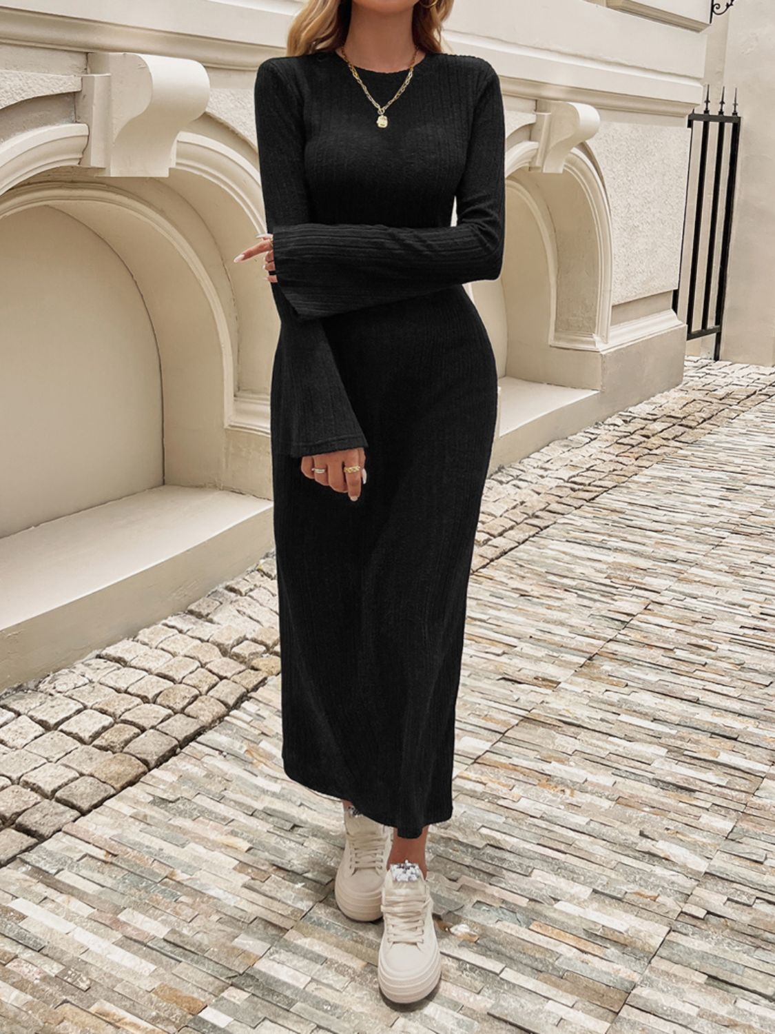 Tied Round Neck Long Sleeve Midi Dress