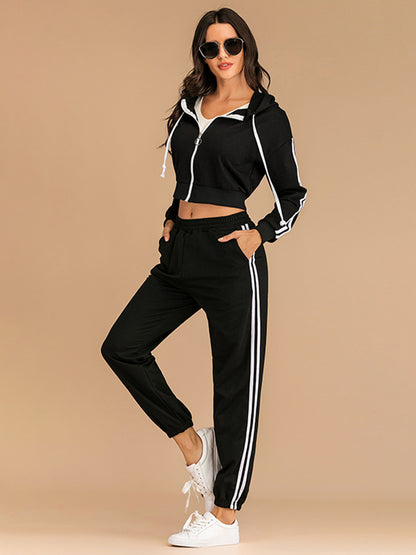 Drawstring Side Stripe Zip Up Hooded Top and Pants Set