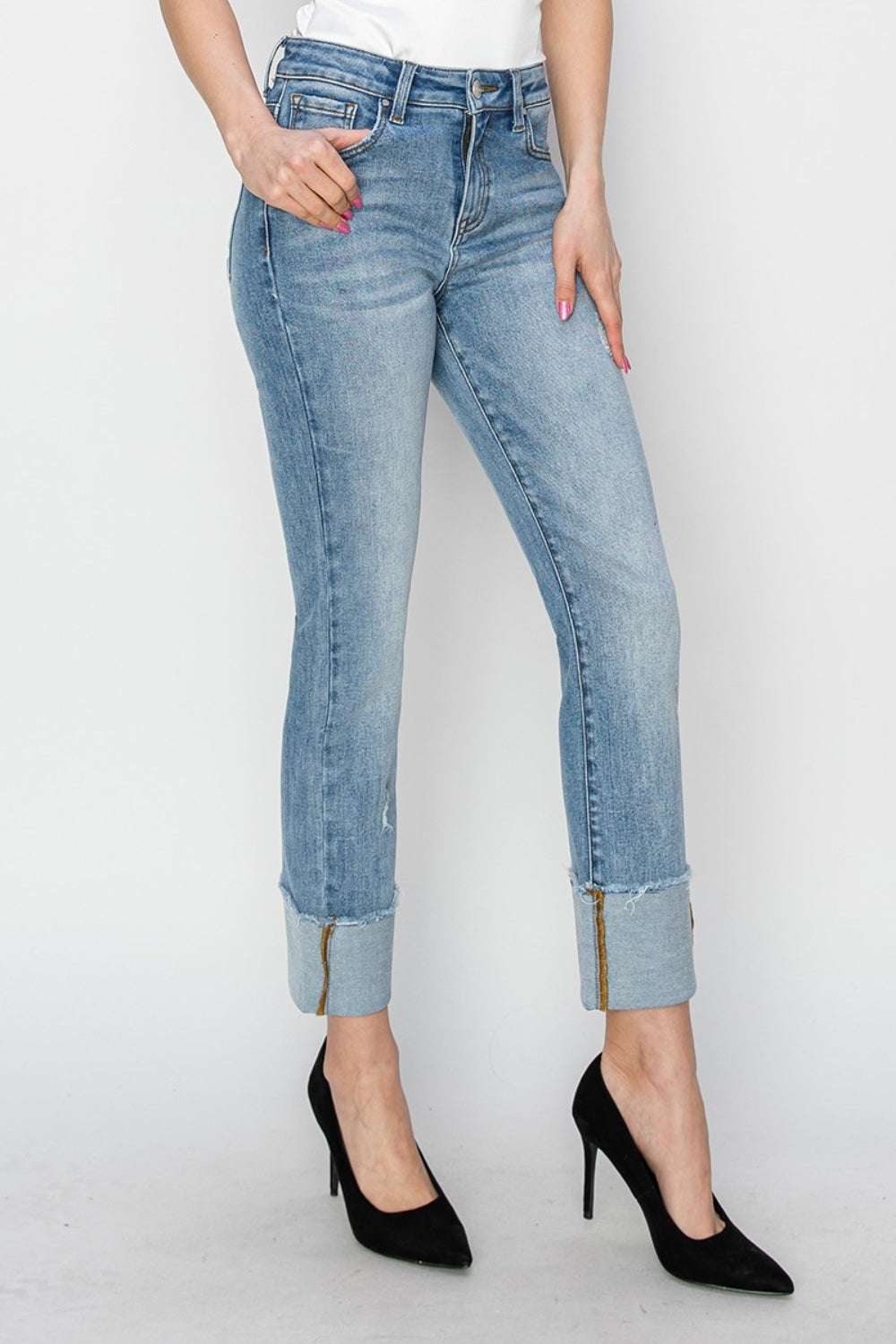 Full Size High Rise Cuffed Slim Straight Jeans