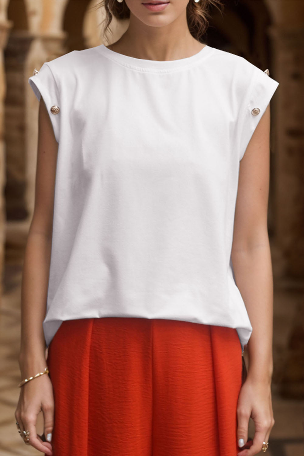 Decorative Button Round Neck T-Shirt