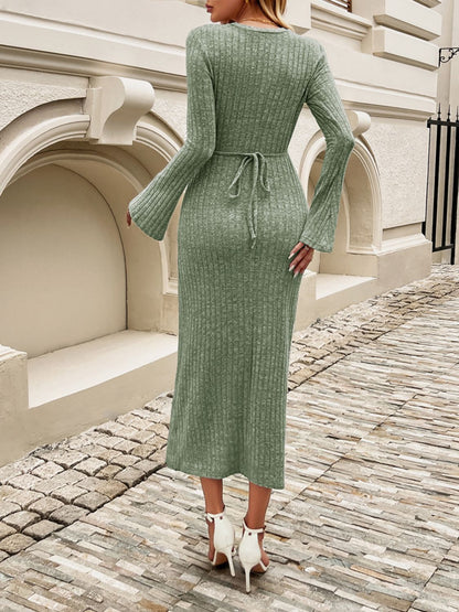 Tied Round Neck Long Sleeve Midi Dress