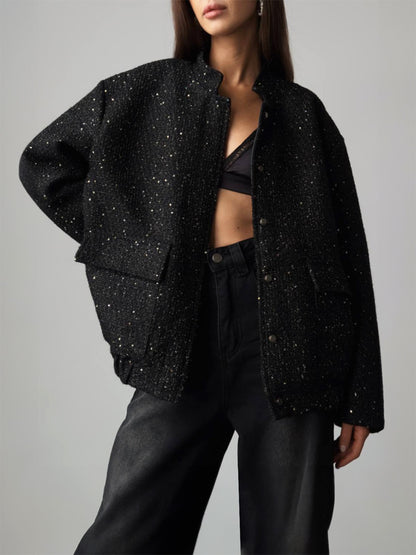 Maxson Clothing -  Sequin Detail Pocketed Long Sleeve Jacket