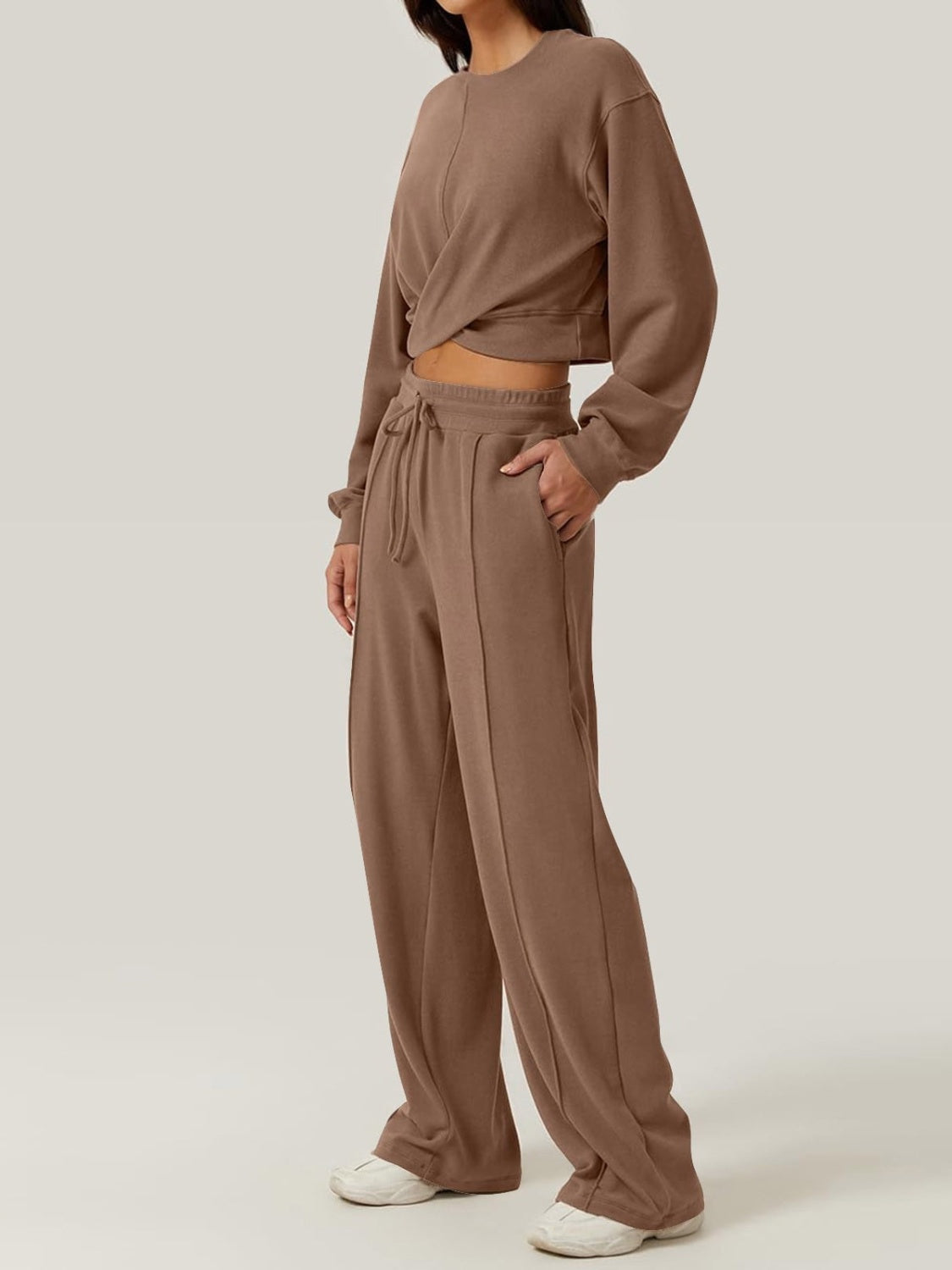 Maxson Clothing -  Crisscross Round Neck Top and Drawstring Pants Set