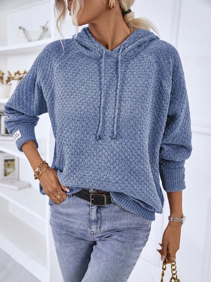 Texture Drawstring Long Sleeve Hooded Sweater