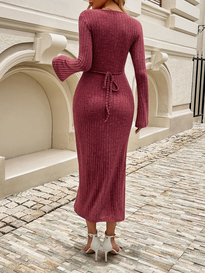 Tied V-Neck Long Sleeve Sweater Dress