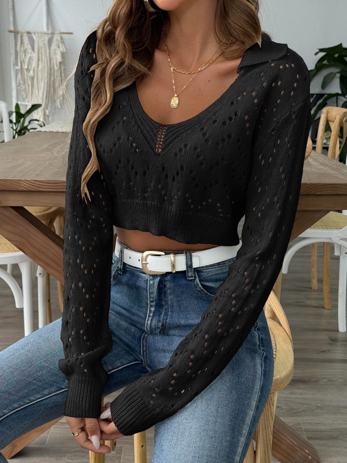 Openwork Collared Neck Long Sleeve Knit Top