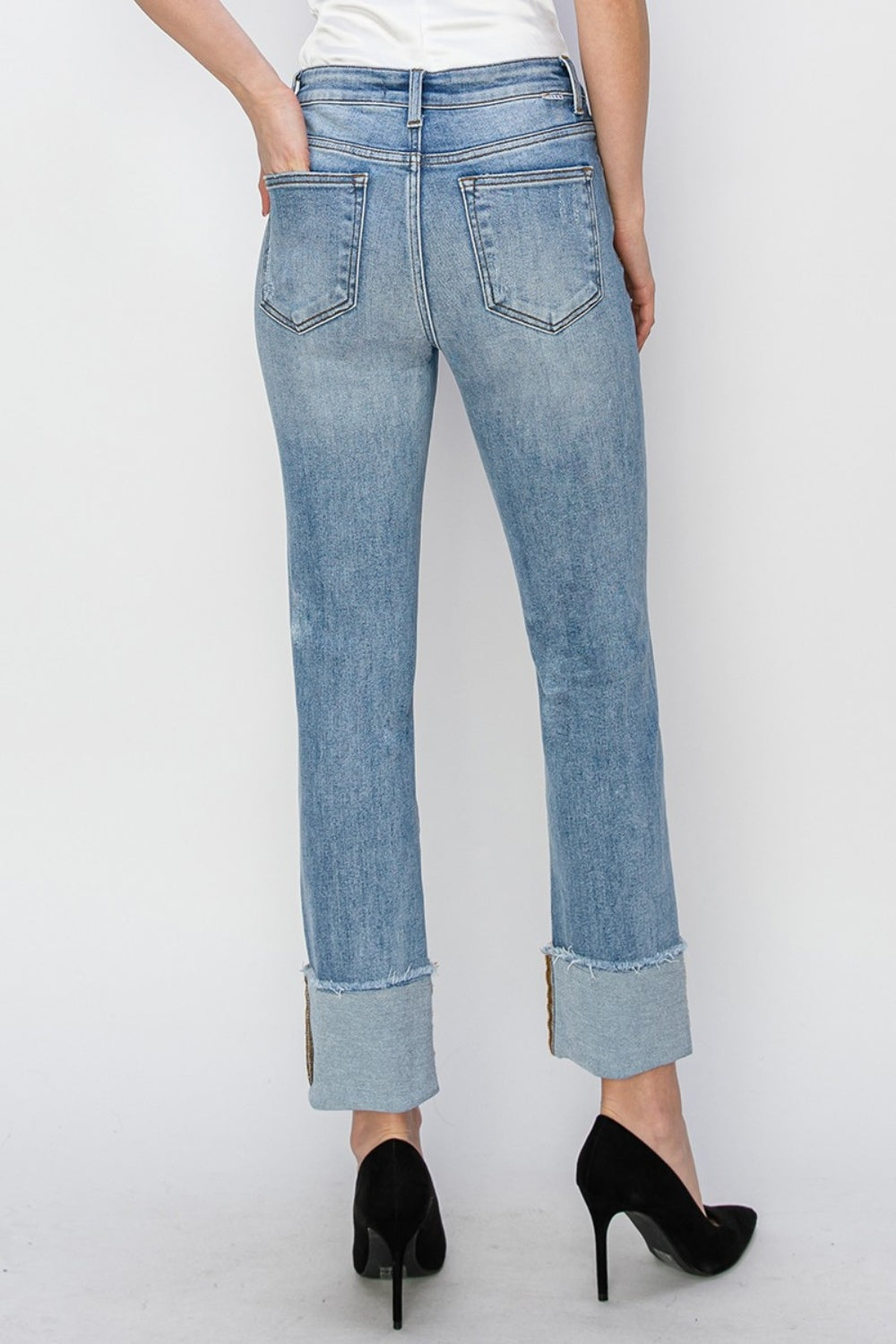 Full Size High Rise Cuffed Slim Straight Jeans