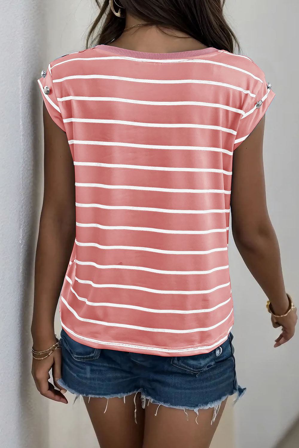 Decorative Button Round Neck T-Shirt