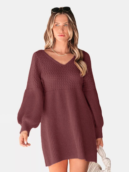 V-Neck Long Sleeve Sweater Dress