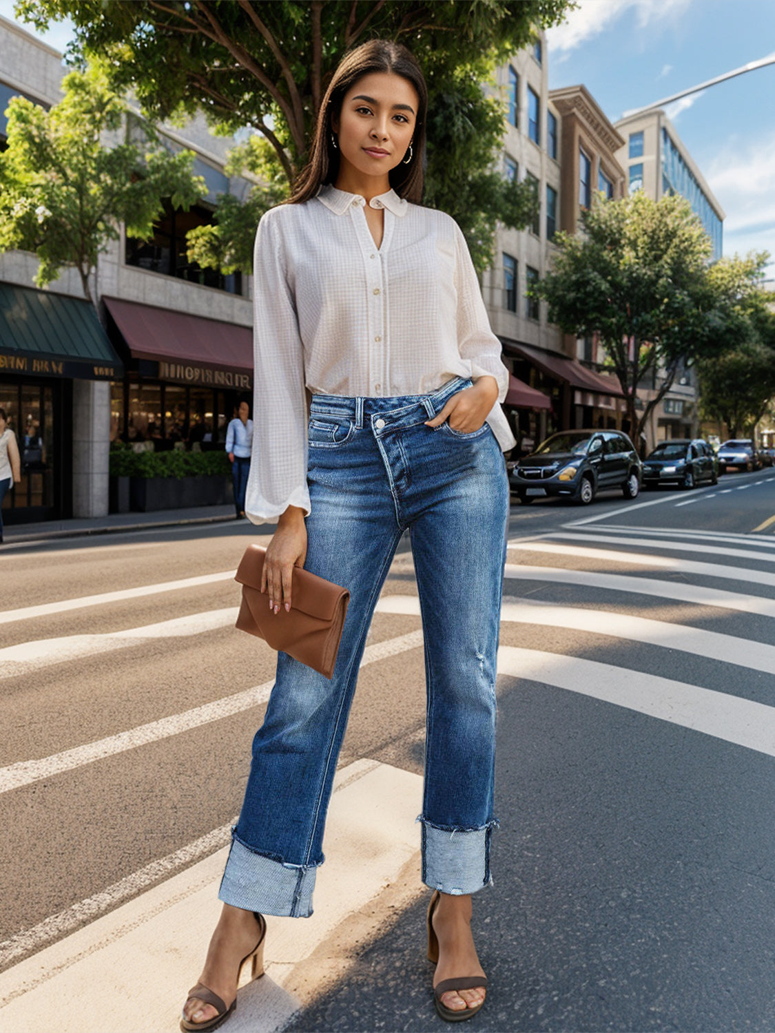 Stepped Waist Raw Hem Rolled Straight Jeans