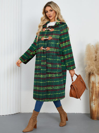 Plaid Long Sleeve Hooded Coat with Pockets