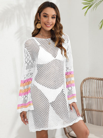 Openwork Contrast Long Sleeve Cover-Up