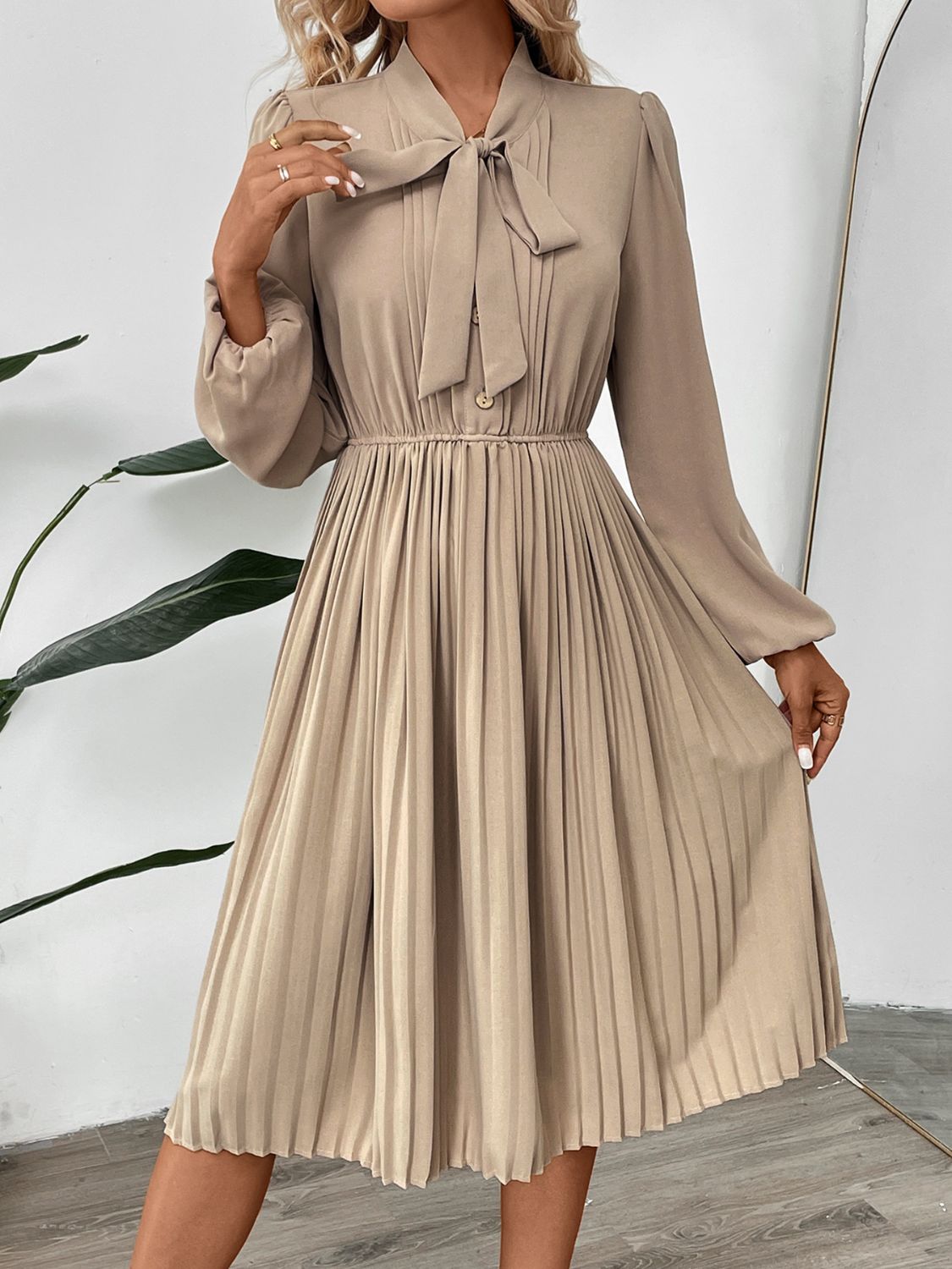 Pleated Tie Neck Long Sleeve Dress