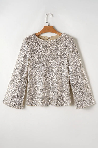 Cutout Sequin Round Neck Long Sleeve Blouse