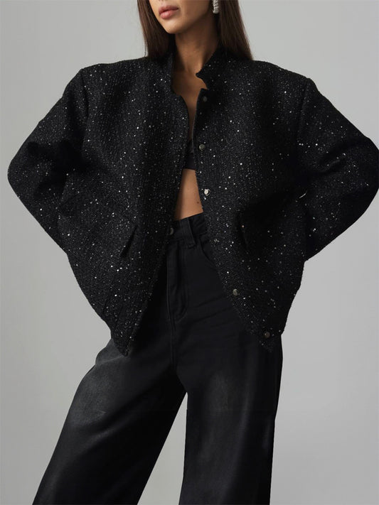 Maxson Clothing -  Sequin Detail Pocketed Long Sleeve Jacket