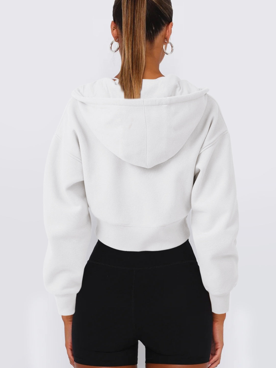 Zip Up Long Sleeve Hooded Cropped Jacket