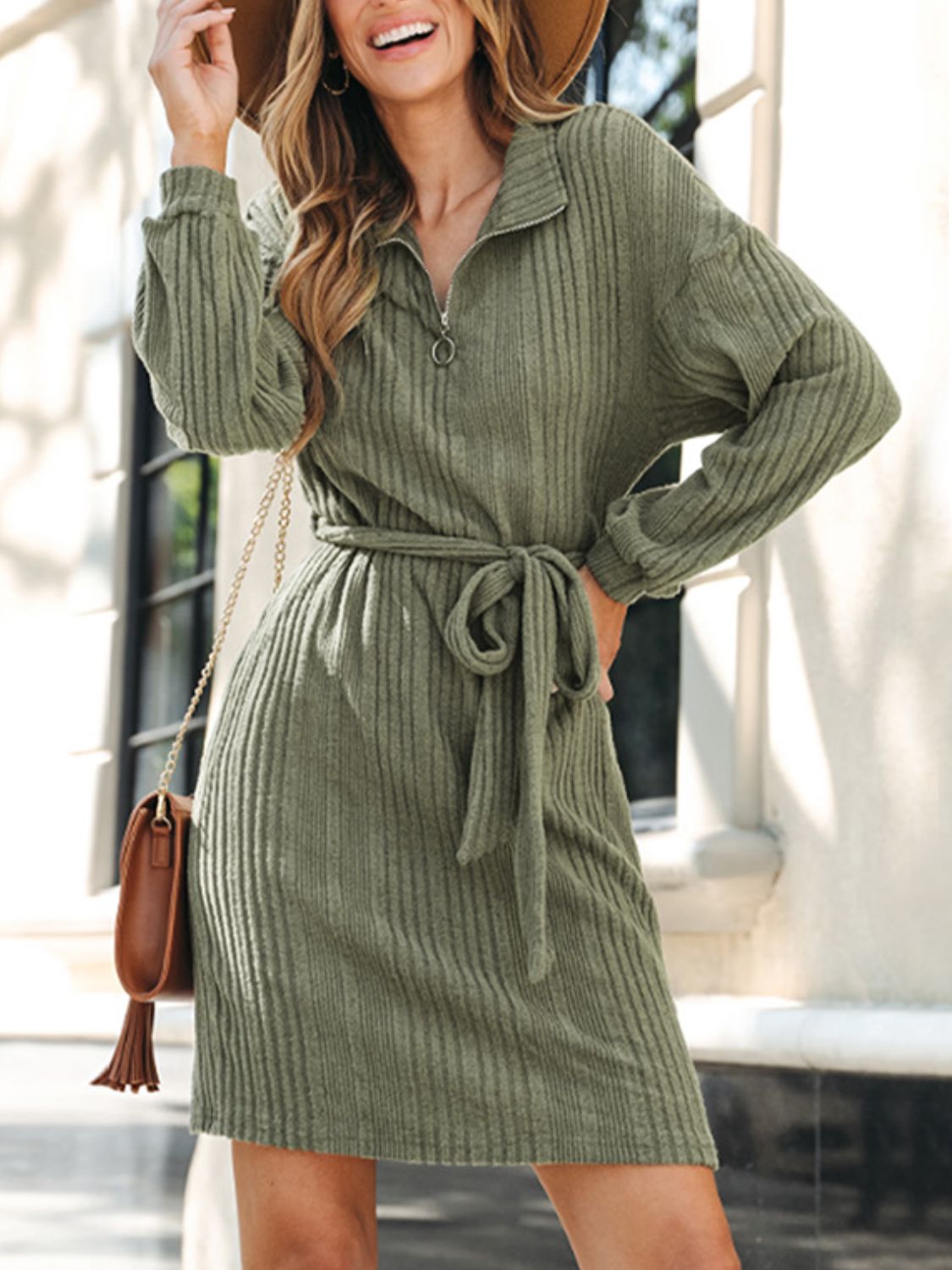 Tied Quarter Zip Long Sleeve Dress