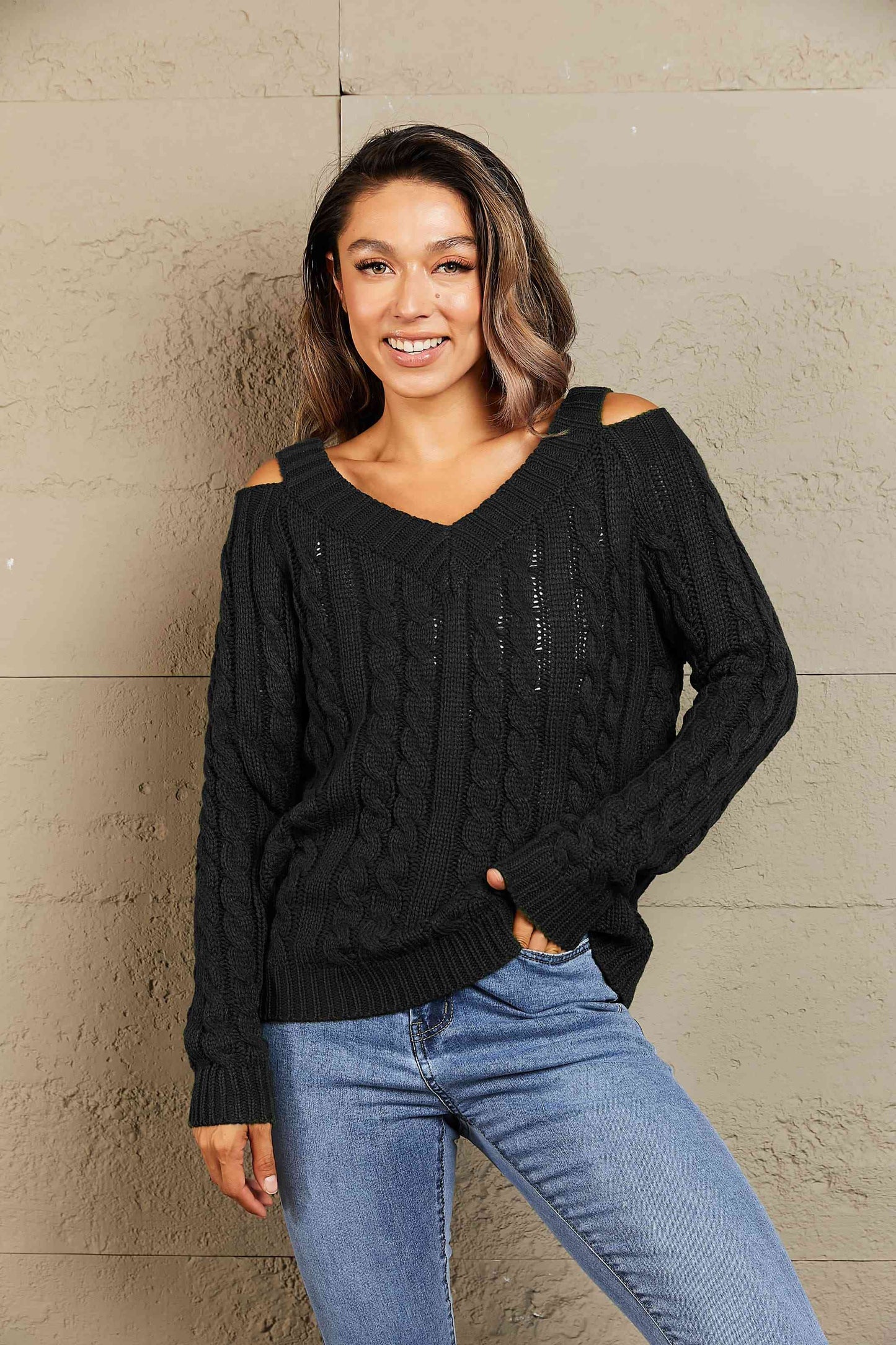 Woven Right Cable-Knit Cold-Shoulder Long Sleeve Sweater