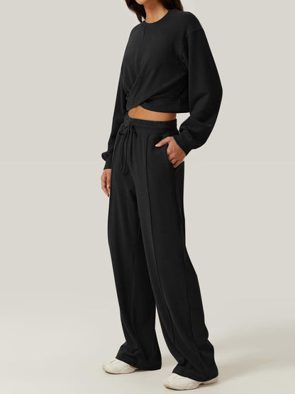 Maxson Clothing -  Crisscross Round Neck Top and Drawstring Pants Set