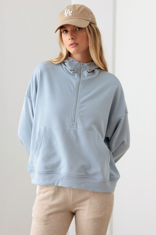 Half Zip Drawstring Mock Neck Hoodie