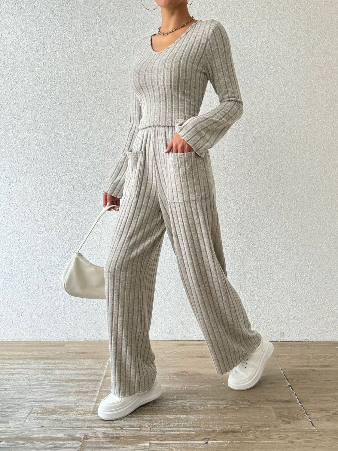 Ribbed V-Neck Long Sleeve Top and Pocketed Pants Set