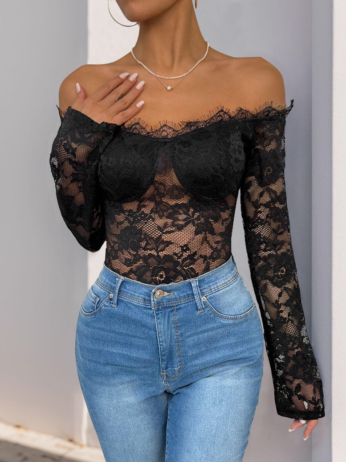 Lace Off-Shoulder Long Sleeve Bodysuit