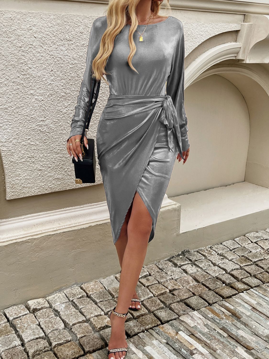 Tied Boat Neck Long Sleeve Dress