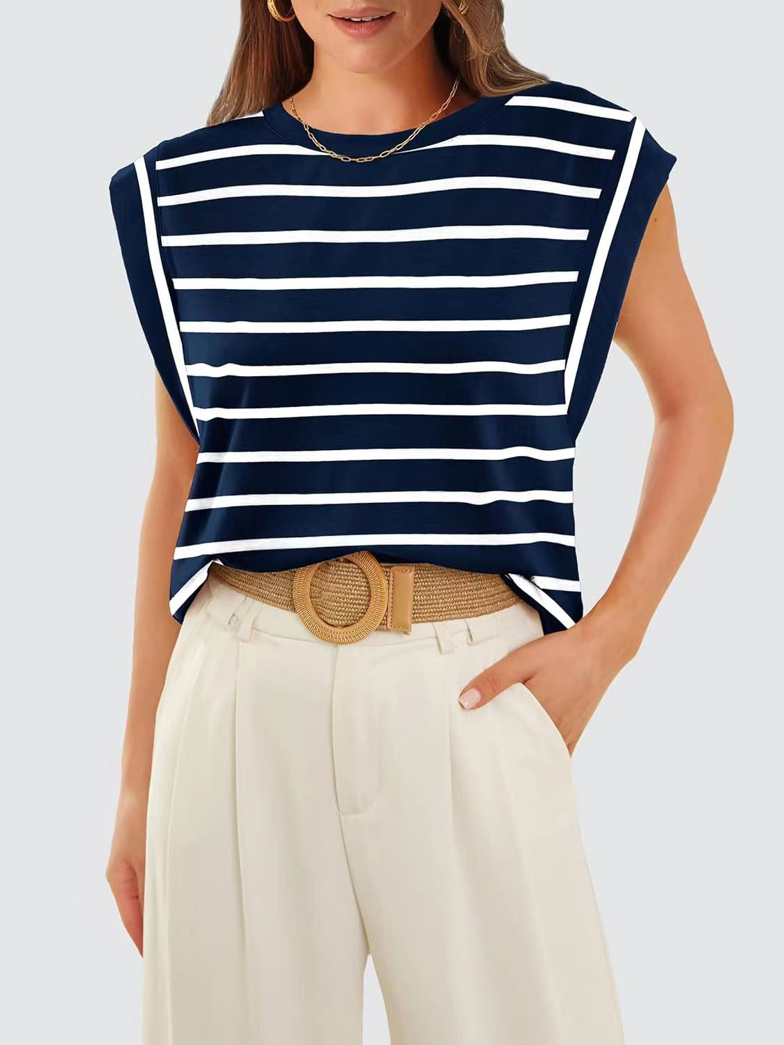 Striped Round Neck Cap Sleeve T-Shirt