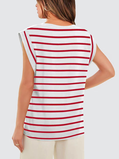 Striped Round Neck Cap Sleeve T-Shirt