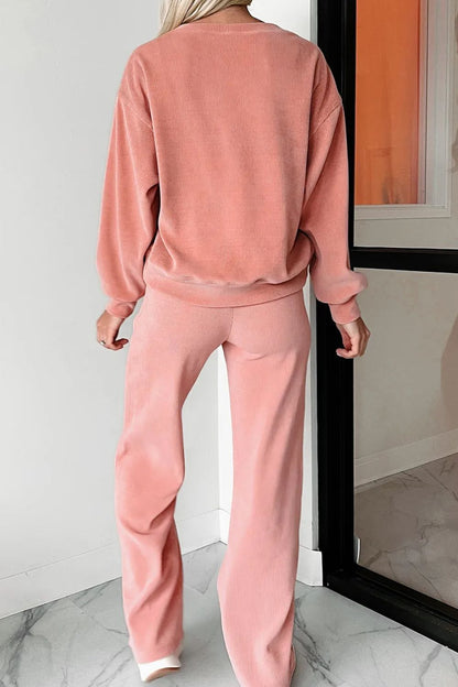 Round Neck Long Sleeve Top and Pants Set