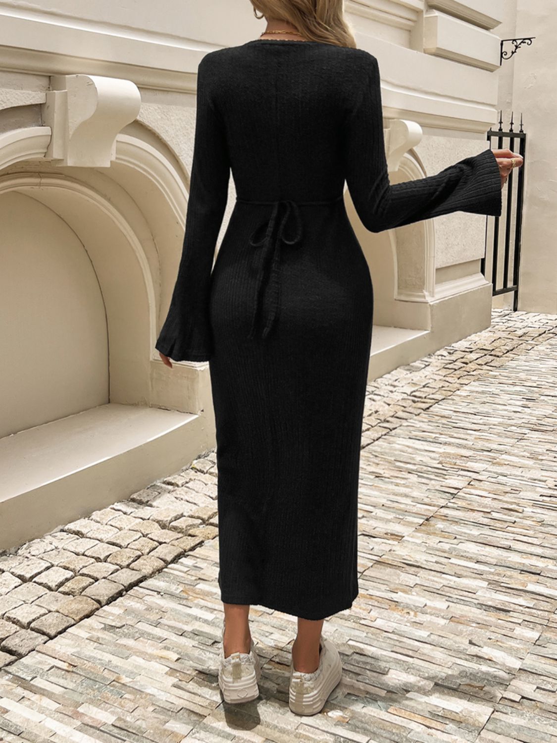 Tied Round Neck Long Sleeve Midi Dress