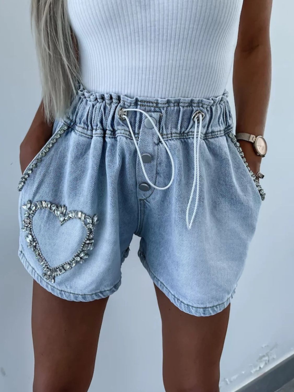 Rhinestone Drawstring Denim Shorts