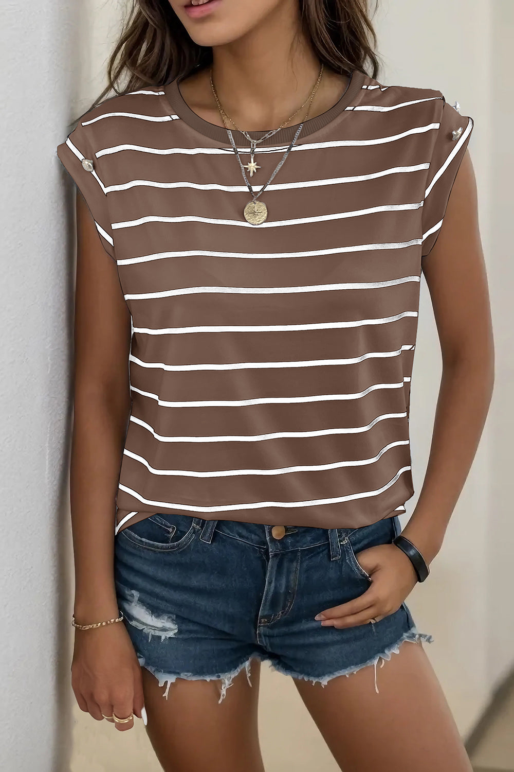 Decorative Button Round Neck T-Shirt