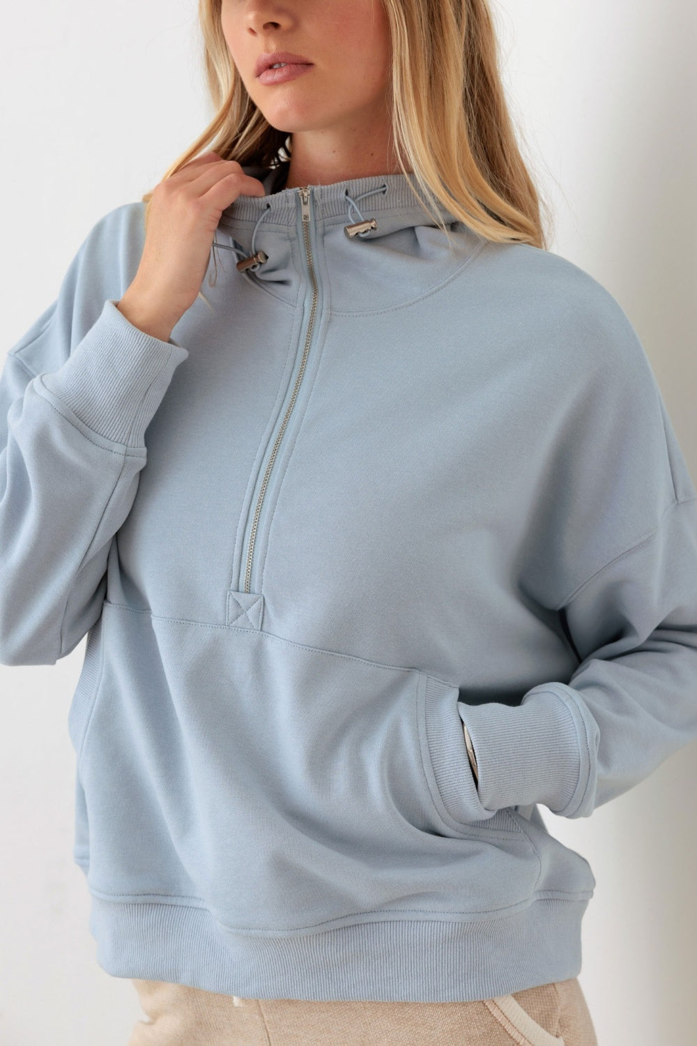 Half Zip Drawstring Mock Neck Hoodie