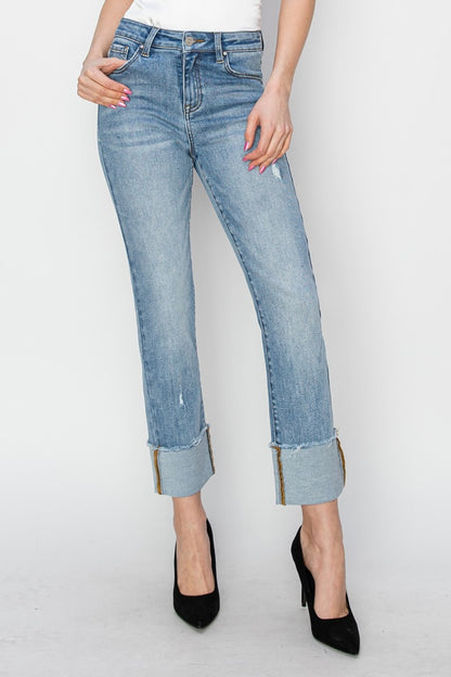 Full Size High Rise Cuffed Slim Straight Jeans