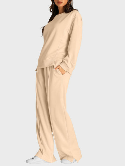 Round Neck Long Sleeve Top and Slit Pants Set