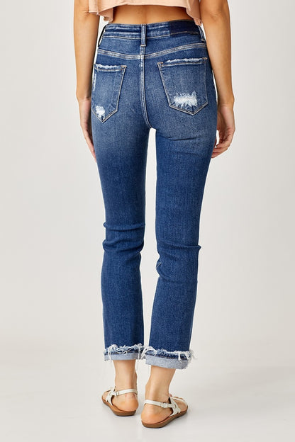 Full Size High-Rise Frayed Cuffed Straight Jeans