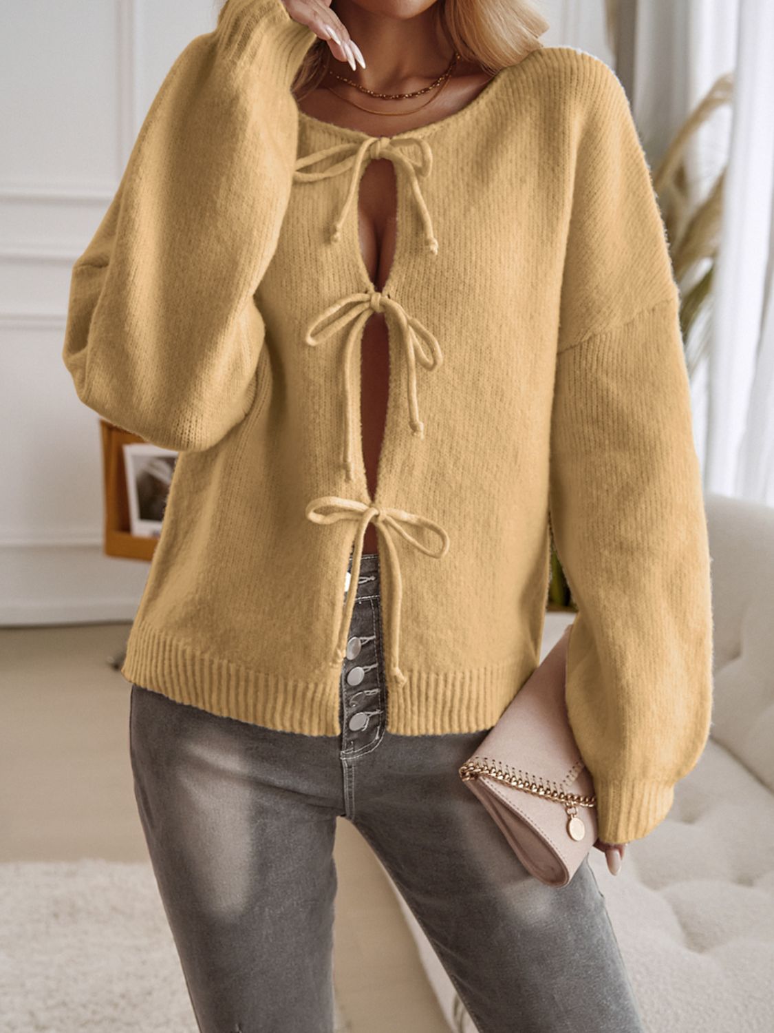 Tied Round Neck Dropped Shoulder Cardigan