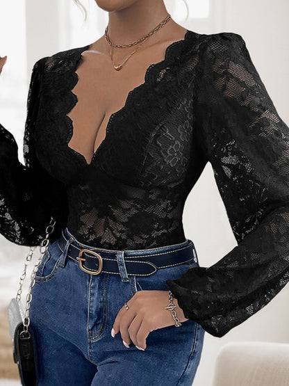 Lace Plunge Long Sleeve Bodysuit