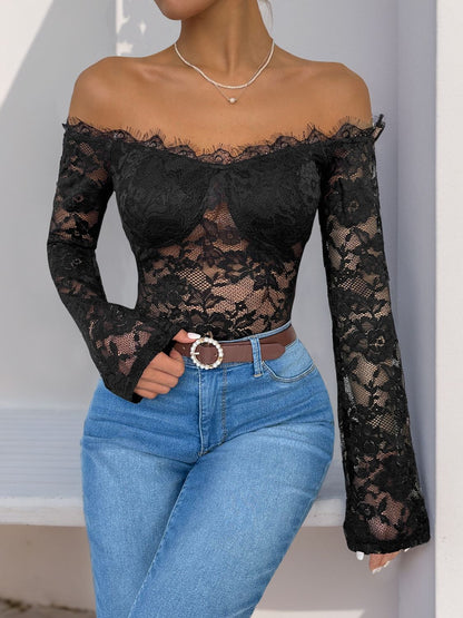 Lace Off-Shoulder Long Sleeve Bodysuit